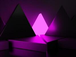 3d representación oscuro y neón ligero geométrico o resumen forma acrílico vaso triangulos producto monitor antecedentes para electrónico productos foto
