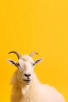 A potrait of cute animal goat with large empty background photo