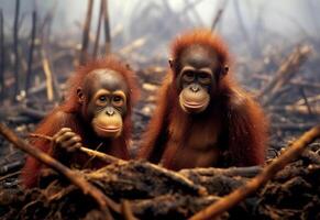 A potrait of poor orangutan looks sad at burning forest photo