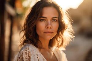 a gorgeous hispanic woman wearing a white silk dress, shy half smile golden hour, beach scenery. photo