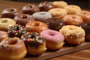 A display of doughnuts with different flavors on them. photo