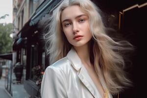 A blonde model with blonde hair stands in front of a storefront. photo