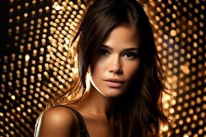 A woman with long hair and a black top is standing in front of a gold background. photo