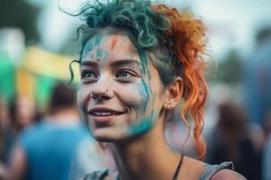 un niña con de colores pelo sonrisas a el cámara. ai generado foto