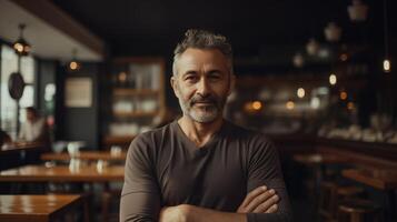 A man stands in a bar with his arms crossed. photo