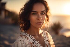 a gorgeous hispanic woman wearing a white silk dress, shy half smile golden hour, beach scenery. photo