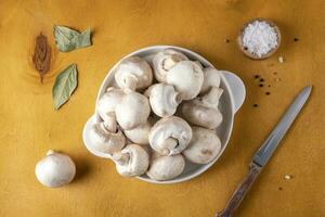 Champignon mushrooms on a white ceramic plate on a yellow background. photo