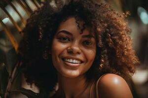 un mujer con Rizado pelo sonrisas a el cámara. ai generado foto