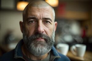 A man with a beard and mustache is standing in front of a coffee shop. photo