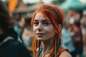 un mujer con naranja pelo y un collar soportes en frente de un multitud. ai generado foto