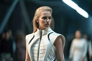A young woman with blond hair confidently struts down the runway in a stylish spring ensemble at a fashion show. Ai Generated photo