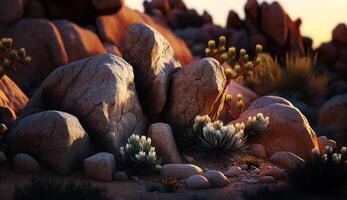 A desert scene with rocks and cactus in the foreground. photo