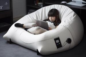 A child sits in a dog bed with a tablet in it. photo