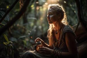 A woman sits in the forest and holds a jar of honey. photo