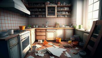 messy kitchen. ai generated photo