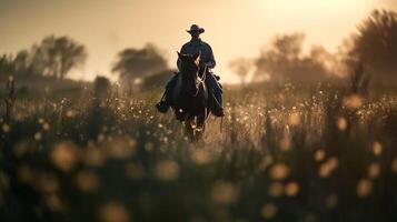 A cowboy rides a horse through a field of flowers. photo