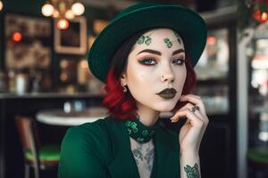 hermosa joven mujer con creativo maquillaje y verde sombrero posando en cafetería. ai generado foto