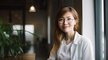 A woman in a white coat smiles at the camera. photo