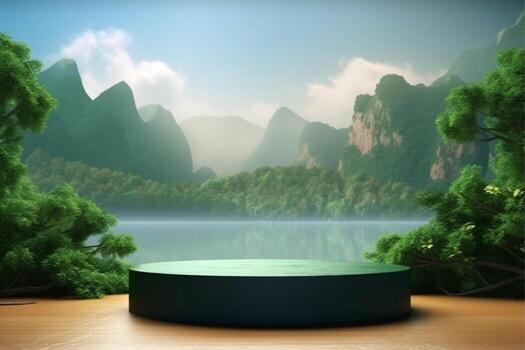 Display podium for product presentation in front of a nature landscapepe with photo