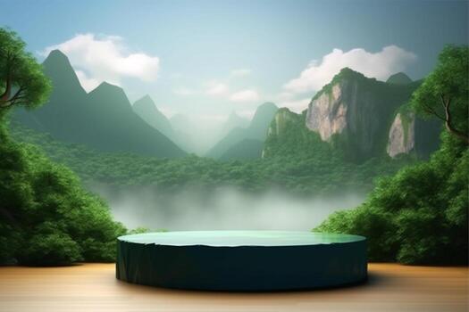 Display podium for product presentation in front of a nature landscapepe with photo