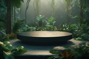 Display podium for product presentation in front of a nature landscape photo