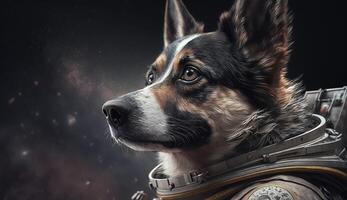 A dog in a space suit with a space background. photo