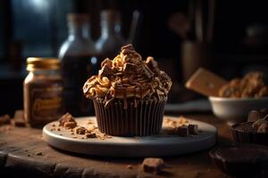 A chocolate cupcake with a peanut butter frosting and a jar of chocolates on a table. photo