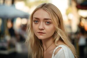 A woman with blonde hair and a white top stands in a street.. photo