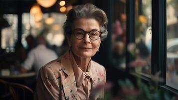 A woman wearing glasses and a floral jacket stands in a cafe. photo