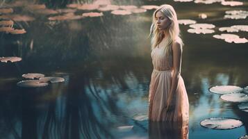 un joven mujer con largo, rubio pelo en de moda ropa soportes a el aguas borde, admirativo su reflexión. ai generado foto