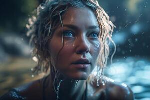 A serious young adult woman stands in the rain, her wet portrait captured in a headshot screenshot. photo