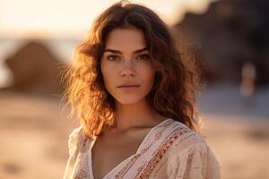 a gorgeous hispanic woman wearing a white silk dress, shy half smile golden hour, beach scenery. photo