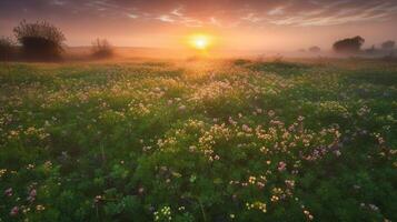 A field of flowers with the sun setting behind it. photo