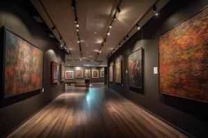 A gallery with paintings on the wall and a wall with the words'art in the background. photo