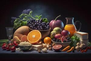 un pintura de frutas y vegetales. ai generado foto