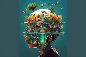 A poster of a person with a head with a tropical island on it. photo