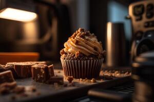 A cupcake with a walnut topping sits on a table in front of a light source. photo