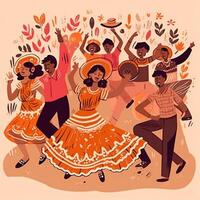 un ilustración de un grupo de personas bailando en un brasileño danza celebrando festa junina ai generativo foto