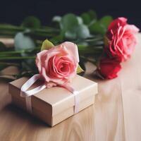 A box with bouquet of roses love background. photo