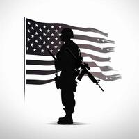 USA soldier silhouette with american flag silhouette in background for veterans day 11th November. photo