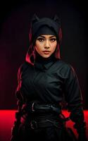 woman in black ninja suit at dark room, photo