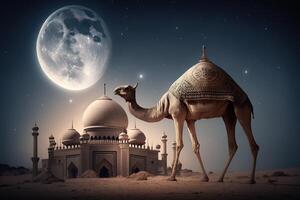 islamic background with camel, milky way and moon ornament. . photo