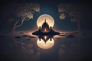 Vihara background with candles and starry night trees photo