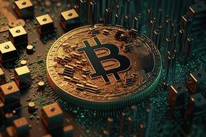 bitcoin background surrounded with connection network and chipset by photo
