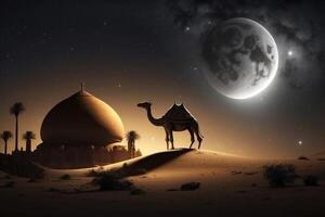 islamic background with camel, milky way and moon ornament. . photo