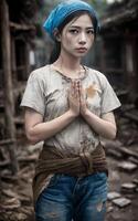 poor asian woman sawasdee raises hands together in a prayer pose , photo