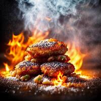 close up of food photography fried chicken stick with black background , photo