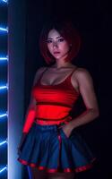 beautiful asian woman in top dress with mixed color blue and red light, photo