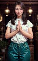 asian woman do sawasdee or prayer pose at the market, photo