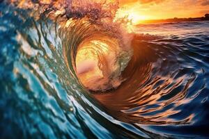The large ocean wave hitting the shore at sunset. Generative AI photo